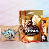 Choco Divine Designer Rakhi Set - Set of Bhaiya Bhabhi Designer Rakhi with One Lord Krishna Rakhi and Hersheys Kisses Milk Chocolate - 43gm